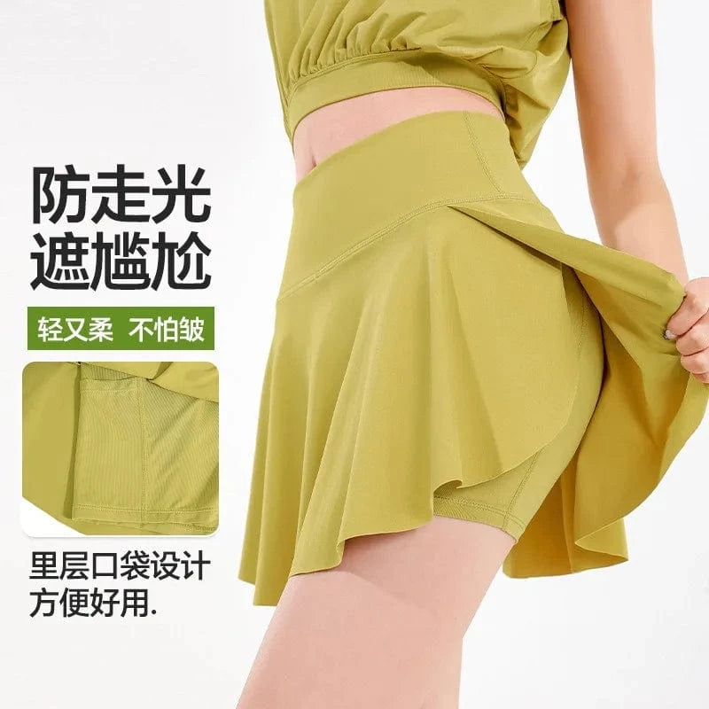 2024 Women's sports skirt anti exposure outdoor badminton tennis skirt pleat splicing two high waist yoga culottes quick dry