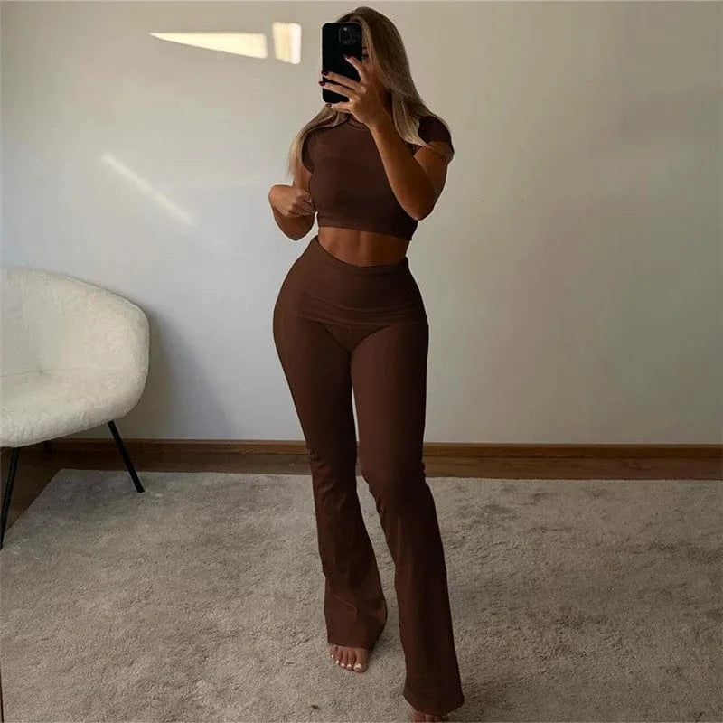 2024 Women's Spring Clothing Tracksuits Sets Sexy Soild Crop Tops And High Waist Flare Pants 2 Piece  ribbed Lounge wear Set