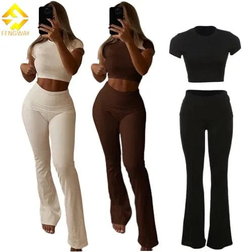 2024 Women's Spring Clothing Tracksuits Sets Sexy Soild Crop Tops And High Waist Flare Pants 2 Piece  ribbed Lounge wear Set