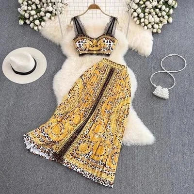 2024 Women's Spring Summer Runway Fashion High Waist Short Top Long Skirt 2 pcs Print skirt Female Chic Travel Party skirts 50%
