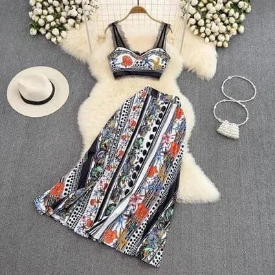 2024 Women's Spring Summer Runway Fashion High Waist Short Top Long Skirt 2 pcs Print skirt Female Chic Travel Party skirts 50%