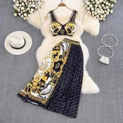 2024 Women's Spring Summer Runway Fashion High Waist Short Top Long Skirt 2 pcs Print skirt Female Chic Travel Party skirts 50%