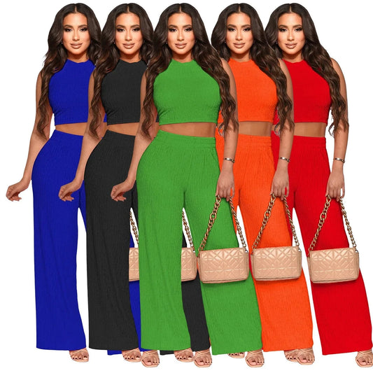 2024 Women's Two Piece Set Outfit Tank top wide leg pants stretch fabric casual suit