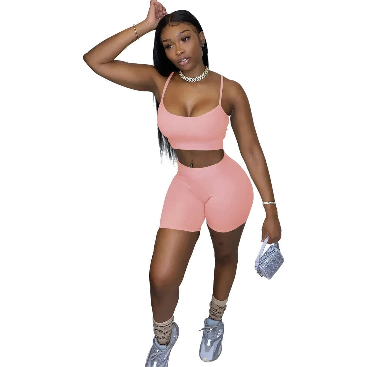 2024 women's wear European and American fashion casual solid color suspender Vest Top Shorts  two piece