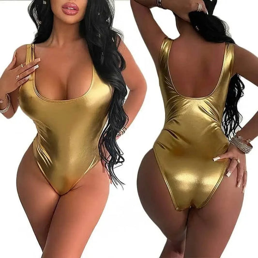 2024 Women Sexy Tummy Control Swimwear Shiny Gold Stamp One Piece Swimsuit Brozing Push Up Padded Monokini Beach Bathing Suit