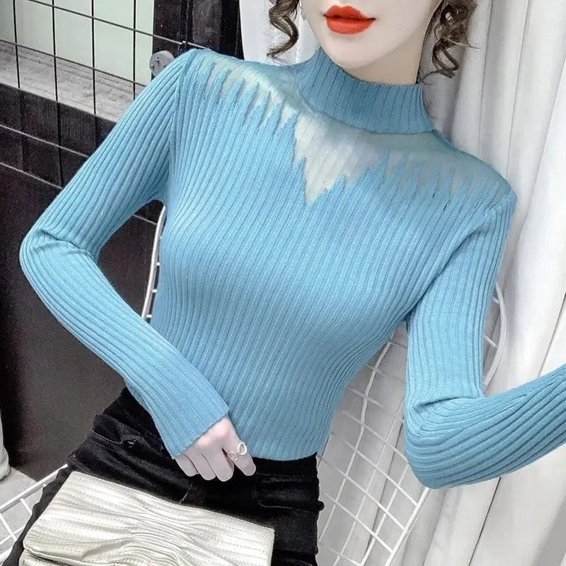 2024 Women Spring Slim Long Sleeve Lace  Patchwork Hollowed-out Half Turtleneck O-neck Knit Sweater Casual Sweater