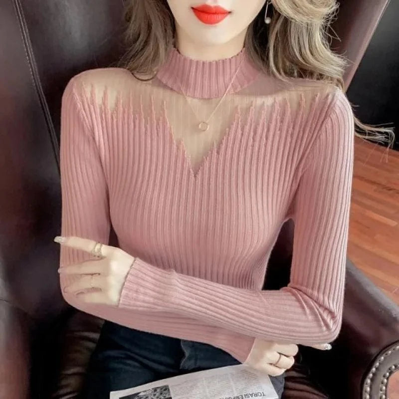 2024 Women Spring Slim Long Sleeve Lace  Patchwork Hollowed-out Half Turtleneck O-neck Knit Sweater Casual Sweater