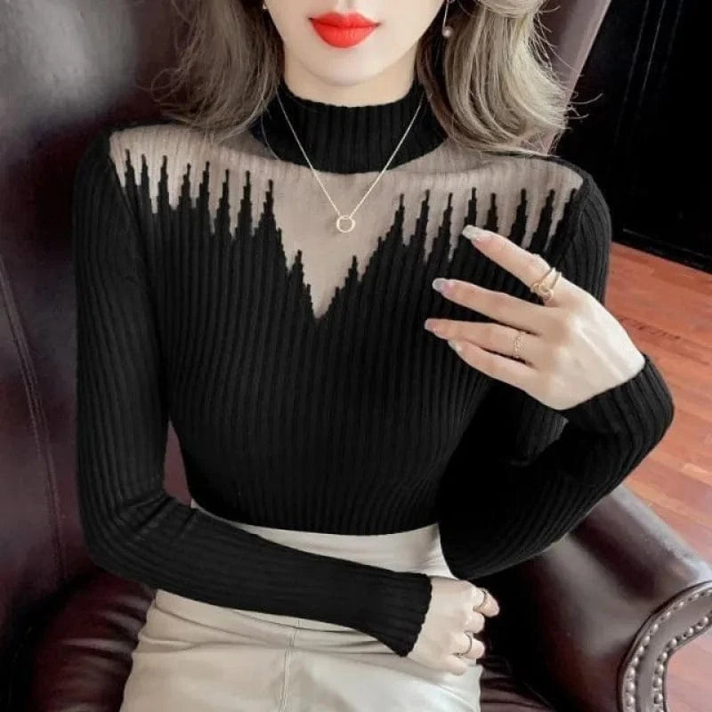 2024 Women Spring Slim Long Sleeve Lace  Patchwork Hollowed-out Half Turtleneck O-neck Knit Sweater Casual Sweater