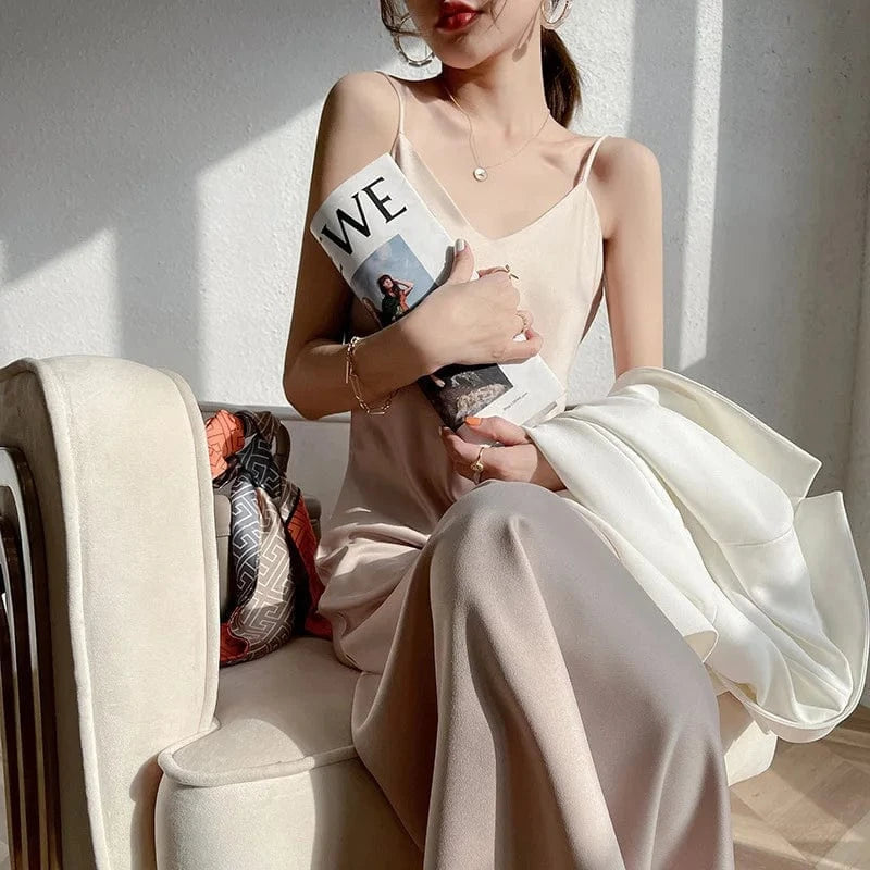 2024 Women Summer Slip Satin Dress Aesthetic Clothes Sleeveless Sexy White Black Pink Blue Green Elegant Long Dresses for Women