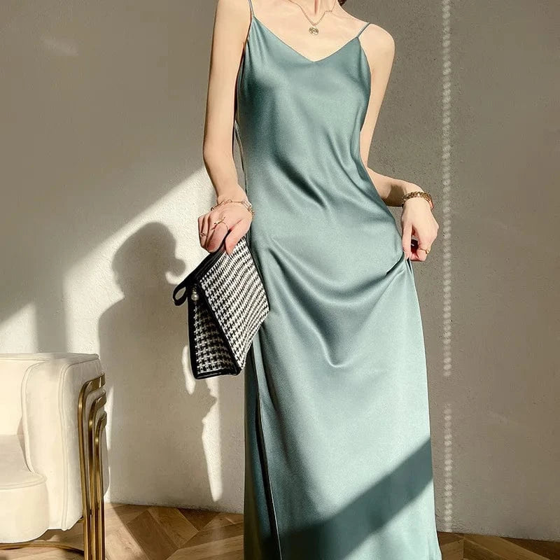 2024 Women Summer Slip Satin Dress Aesthetic Clothes Sleeveless Sexy White Black Pink Blue Green Elegant Long Dresses for Women