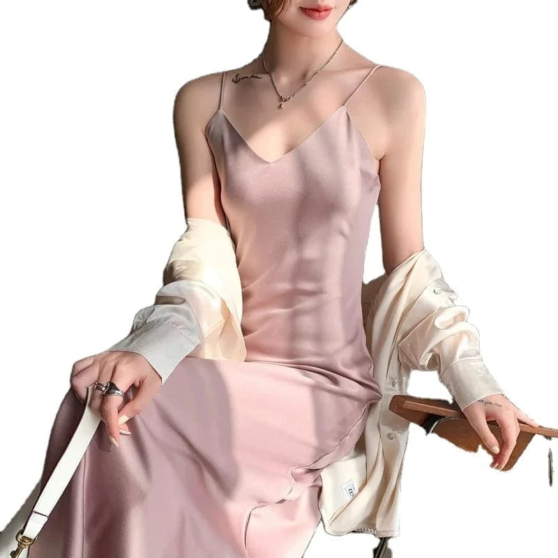 2024 Women Summer Slip Satin Dress Aesthetic Clothes Sleeveless Sexy White Black Pink Blue Green Elegant Long Dresses for Women