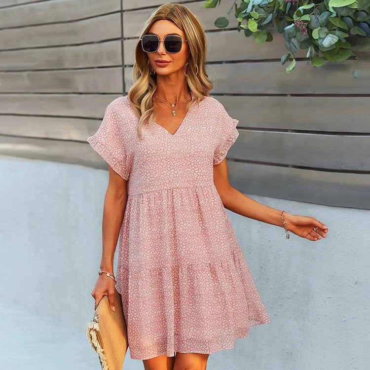 2024 women summer tunic dress v neck Printed casual Loose women Short Sleeve Chic Dress A Line Floral chiffon ruffle mini Dress