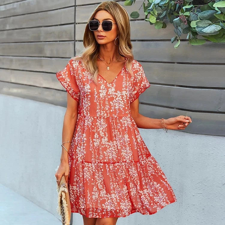 2024 women summer tunic dress v neck Printed casual Loose women Short Sleeve Chic Dress A Line Floral chiffon ruffle mini Dress