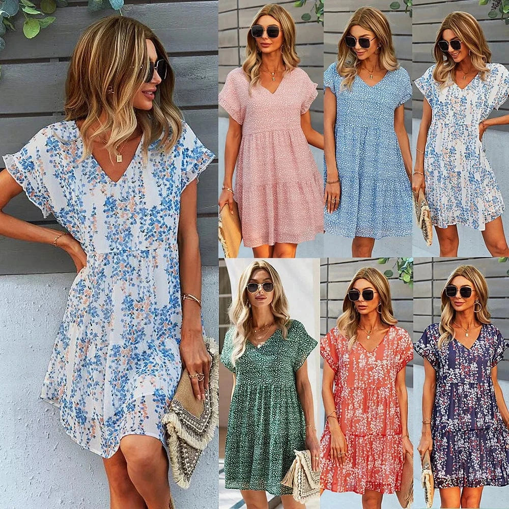 2024 women summer tunic dress v neck Printed casual Loose women Short Sleeve Chic Dress A Line Floral chiffon ruffle mini Dress