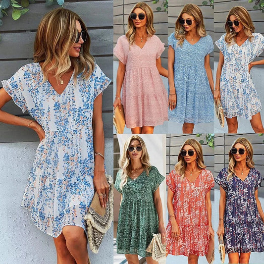 2024 women summer tunic dress v neck Printed casual Loose women Short Sleeve Chic Dress A Line Floral chiffon ruffle mini Dress