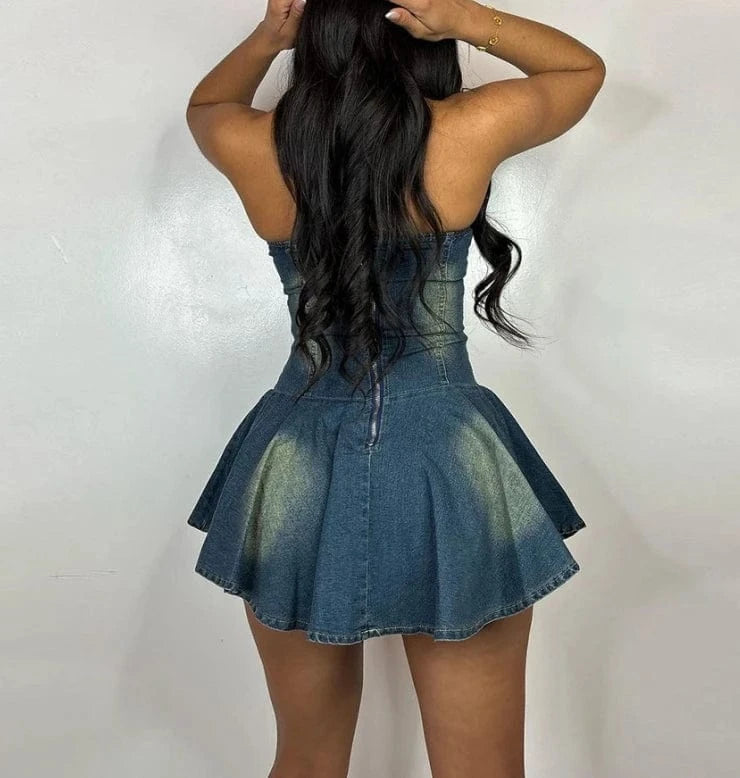 2024 Women Summer zipper Sexy Blue Jean Skirts strapless women denim shorts skirt Off Shoulder Mini Jean Pleated Dresses