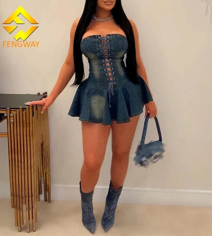 2024 Women Summer zipper Sexy Blue Jean Skirts strapless women denim shorts skirt Off Shoulder Mini Jean Pleated Dresses