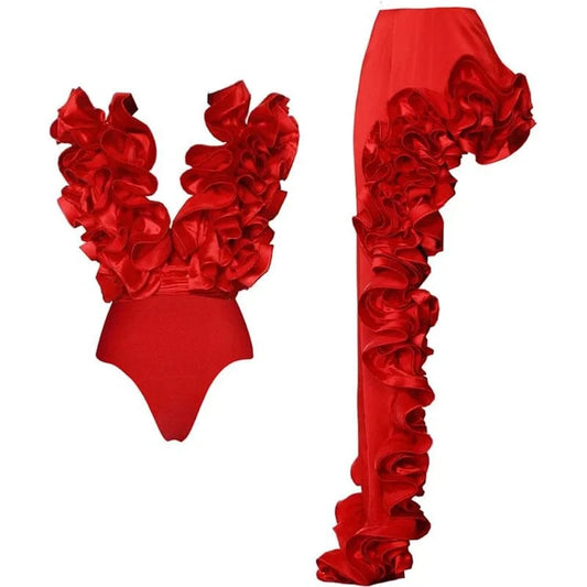 2024 Women Swimsuit and Skirt Sexy Red 3D Flower One Piece Bikini Set Monokini Two Pieces Swimwear Beachwear