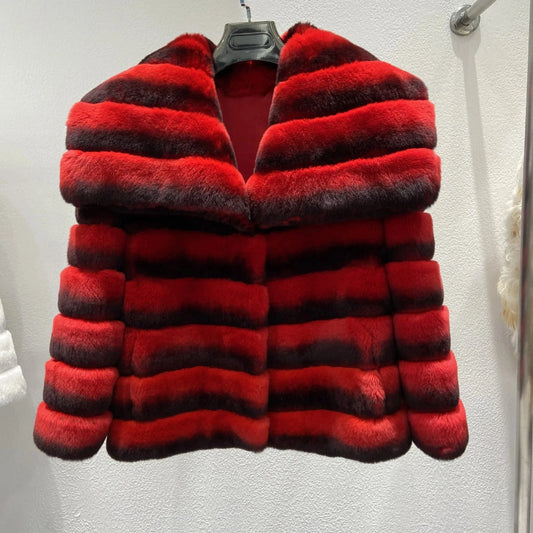 2024 Women Winter Fashionable Real Rex Rabbit Fur Jacket with Bigger Collar Full Skin Thick Warmer Ladies Fur Coat