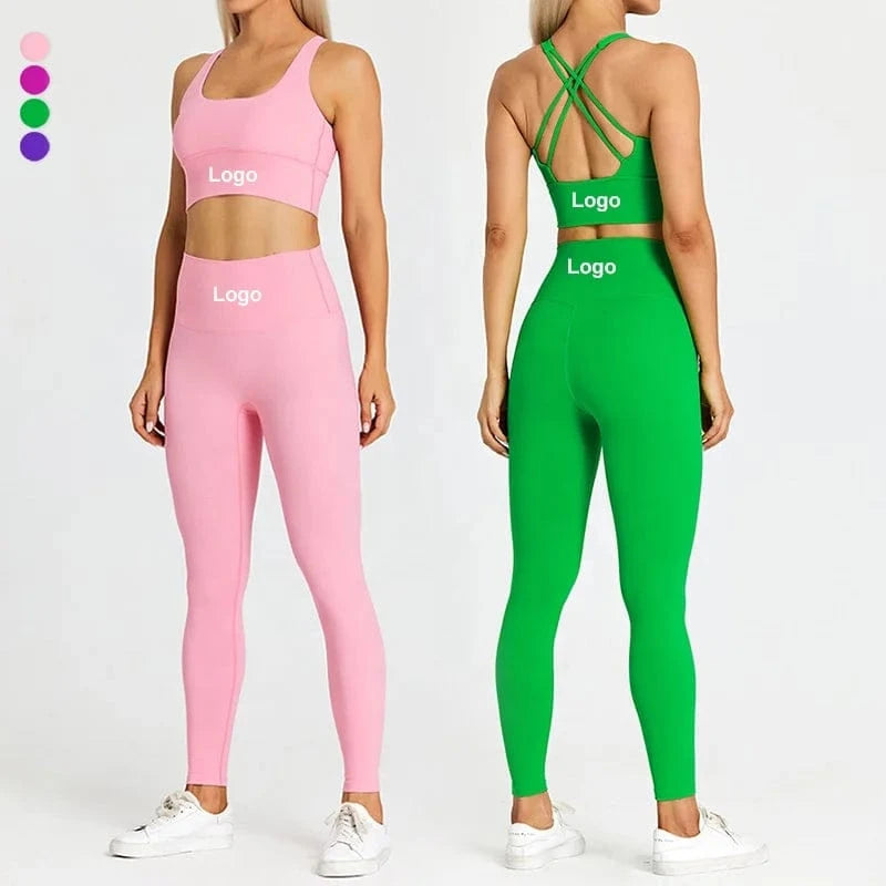 2024 Womens Custom Logo 2 Piece Yoga Suit Cross Back Square Neck Sports Bra High Waist Butt Lift Leggings Spring Summer Sets