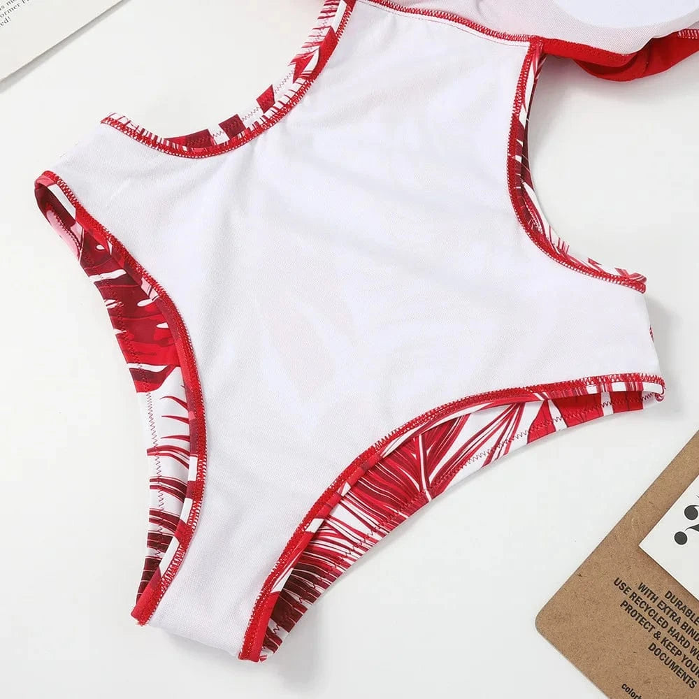 2024 Womens Leaves Printed Bandage Hollow Slim Swimsuit Sexy Suspender Bikini Padded One-piece Swimsuit Bathing Suits
