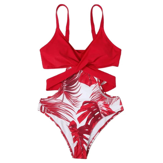 2024 Womens Leaves Printed Bandage Hollow Slim Swimsuit Sexy Suspender Bikini Padded One-piece Swimsuit Bathing Suits