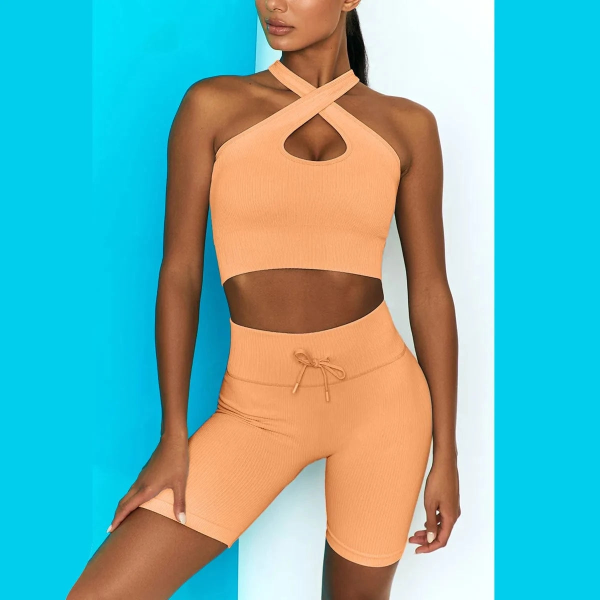2024 Workout Outfit for Women 2 Piece Seamless Ribbed Crossover Halter Crop Top With High Waist Sports Shorts