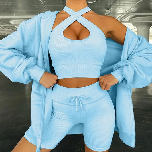 2024 Workout Outfit for Women 2 Piece Seamless Ribbed Crossover Halter Crop Top With High Waist Sports Shorts