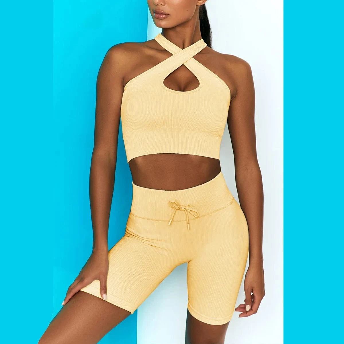 2024 Workout Outfit for Women 2 Piece Seamless Ribbed Crossover Halter Crop Top With High Waist Sports Shorts