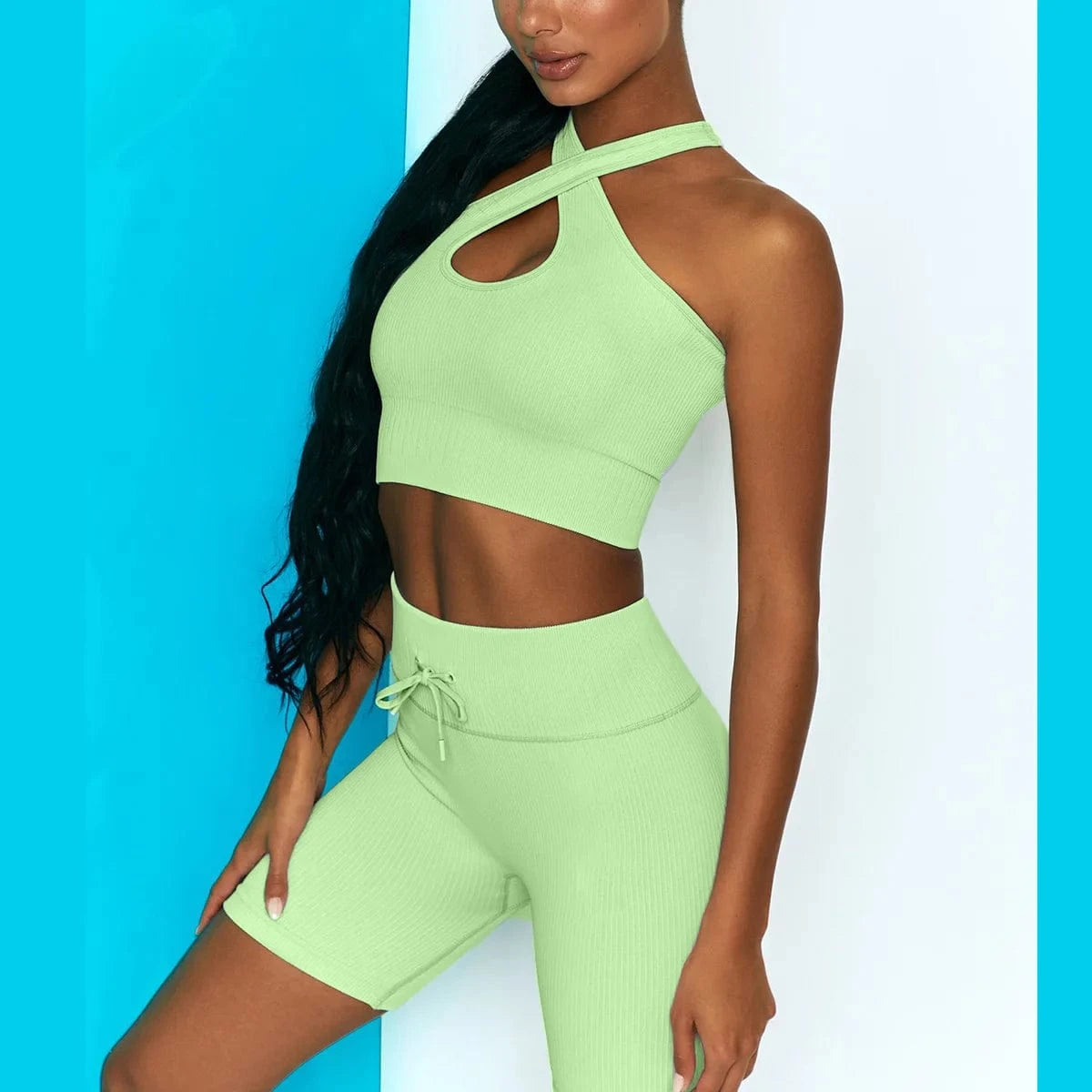 2024 Workout Outfit for Women 2 Piece Seamless Ribbed Crossover Halter Crop Top With High Waist Sports Shorts