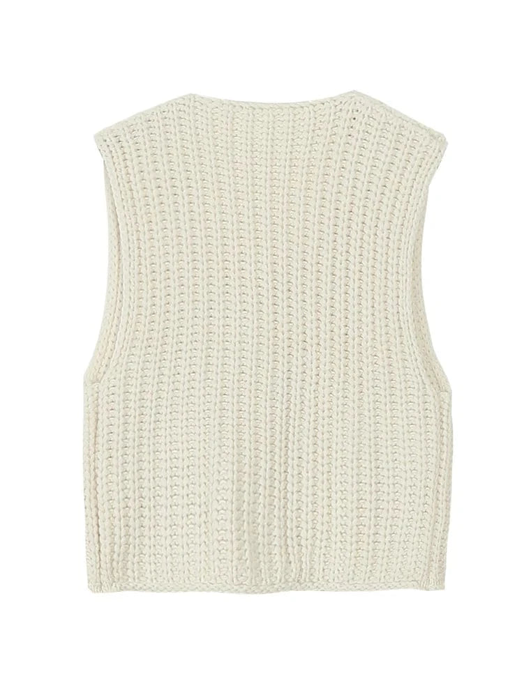 2025 Autumn and Winter New Women's Knitted Vest Single-breasted Solid Color V-neck Casual Holiday Style Fashion Street