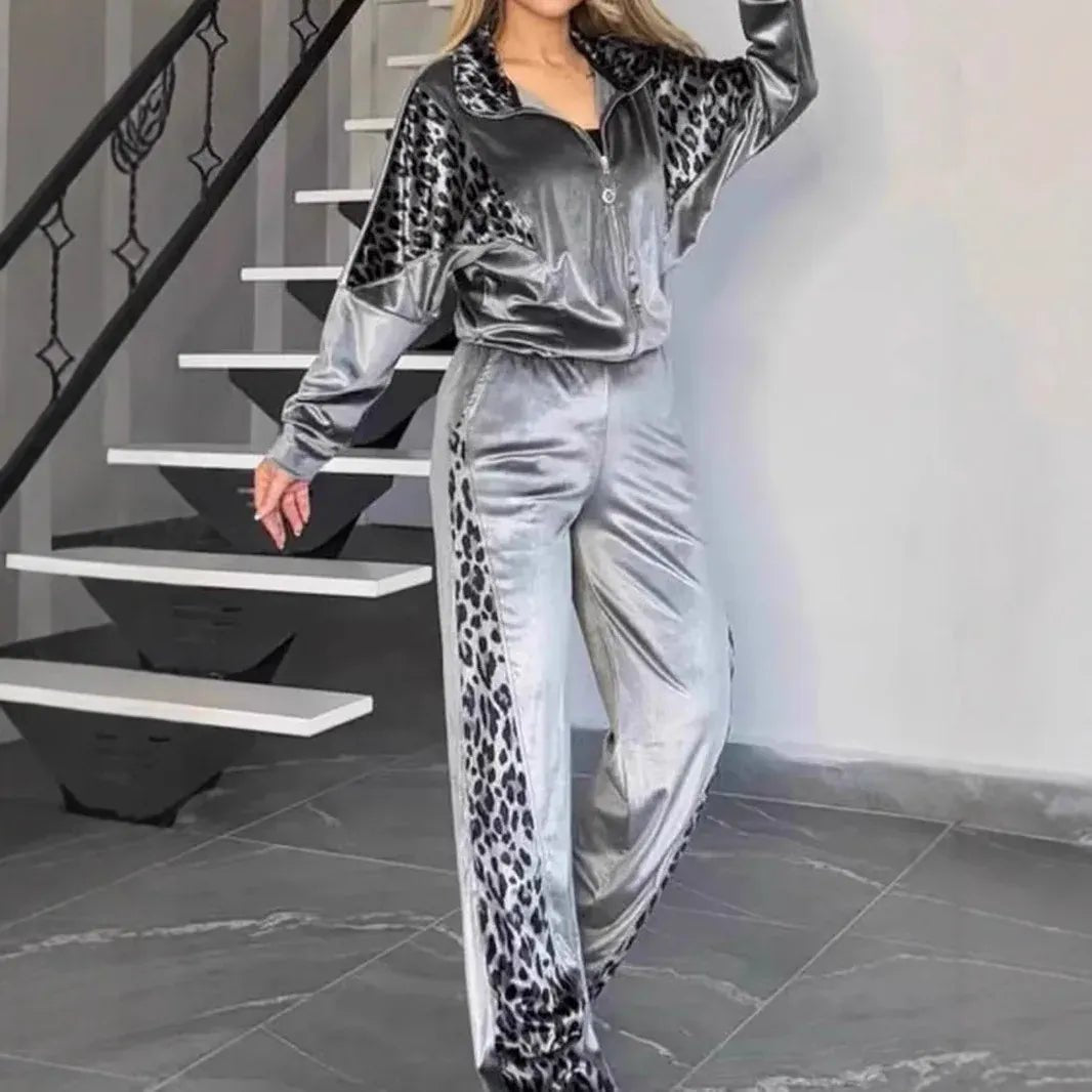 2025 Autumn Fashion Women Two Pieces Set Leopard Print Long - sleeved Lapel Zipper Straight Pants Ladies Suit Casual Outfit Female - SN Wigs & More