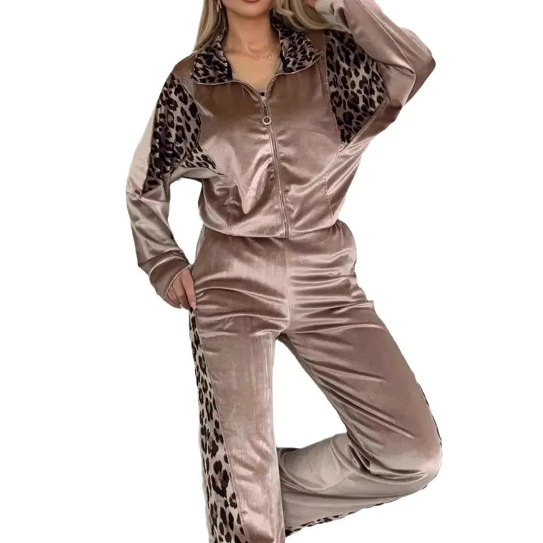 2025 Autumn Fashion Women Two Pieces Set Leopard Print Long - sleeved Lapel Zipper Straight Pants Ladies Suit Casual Outfit Female - SN Wigs & More