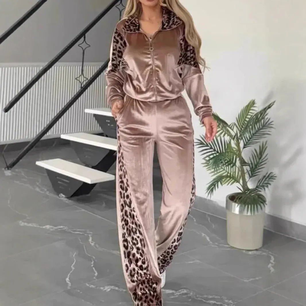 2025 Autumn Fashion Women Two Pieces Set Leopard Print Long - sleeved Lapel Zipper Straight Pants Ladies Suit Casual Outfit Female - SN Wigs & More