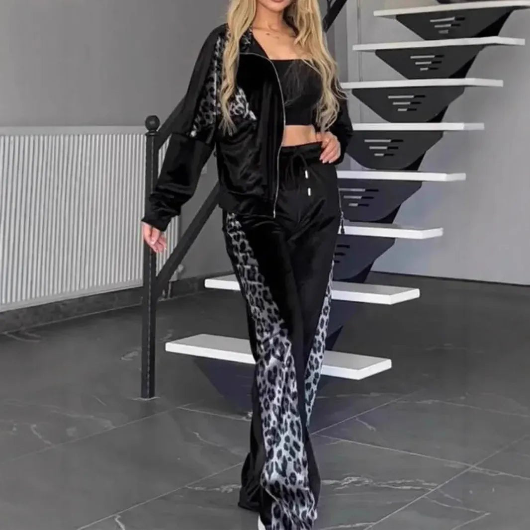 2025 Autumn Fashion Women Two Pieces Set Leopard Print Long - sleeved Lapel Zipper Straight Pants Ladies Suit Casual Outfit Female - SN Wigs & More
