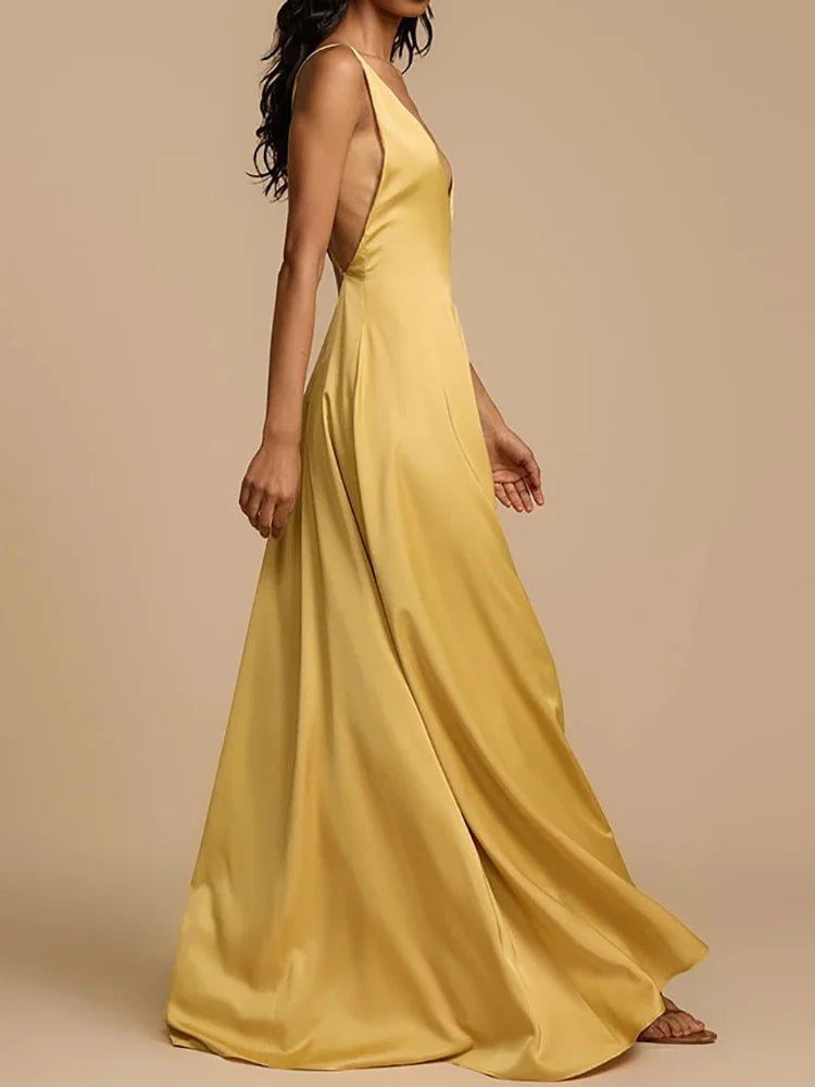 2025 Backless Loungewear Party Dress, Women Summer Sleeveless Solid Maxi Dress, Sexy Skew Collar Elegant Ladies Dress Streetwear - SN Wigs & More