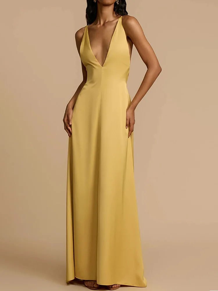 2025 Backless Loungewear Party Dress, Women Summer Sleeveless Solid Maxi Dress, Sexy Skew Collar Elegant Ladies Dress Streetwear - SN Wigs & More