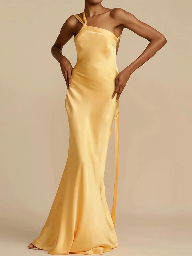 2025 Backless Loungewear Party Dress, Women Summer Sleeveless Solid Maxi Dress, Sexy Skew Collar Elegant Ladies Dress Streetwear - SN Wigs & More