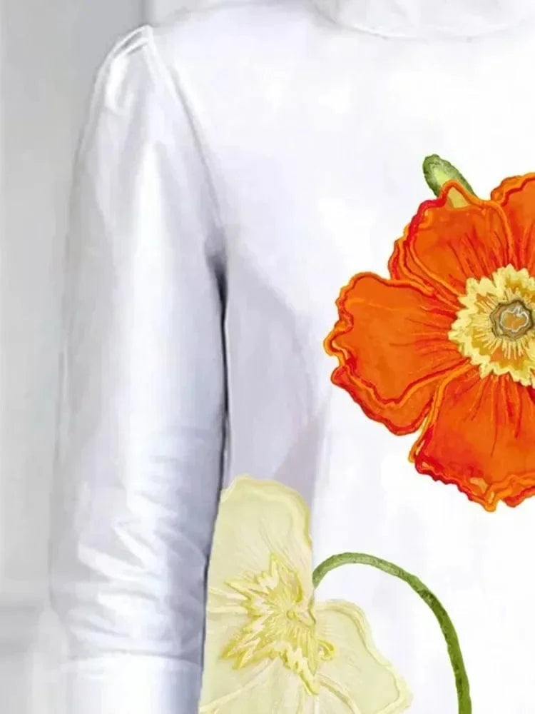 2025 Flower Printed T-shirt for Women Stand Collar Three-quarter Sleeves Loose Fit Shirt Top Summer Casual Blouse