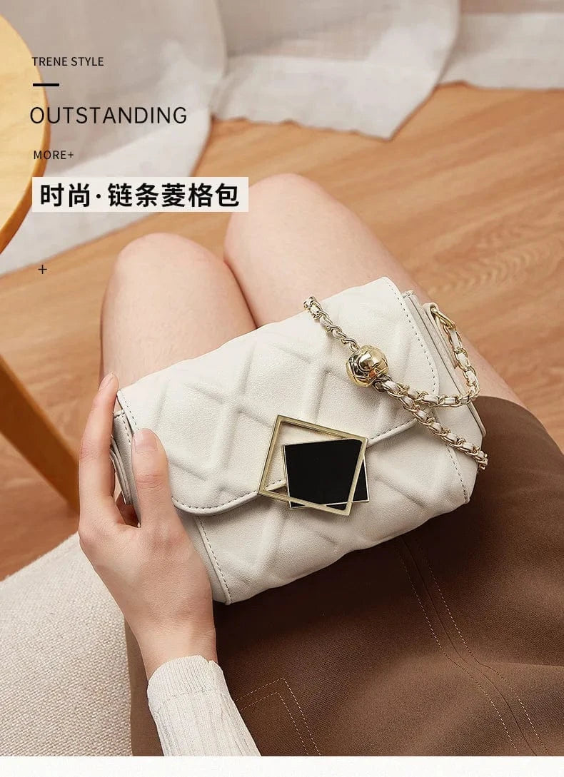 2025 Genuine Leather Shoulder Bag - Women's Quilted Crossbody Purse with Gold Ball Chain, European Style