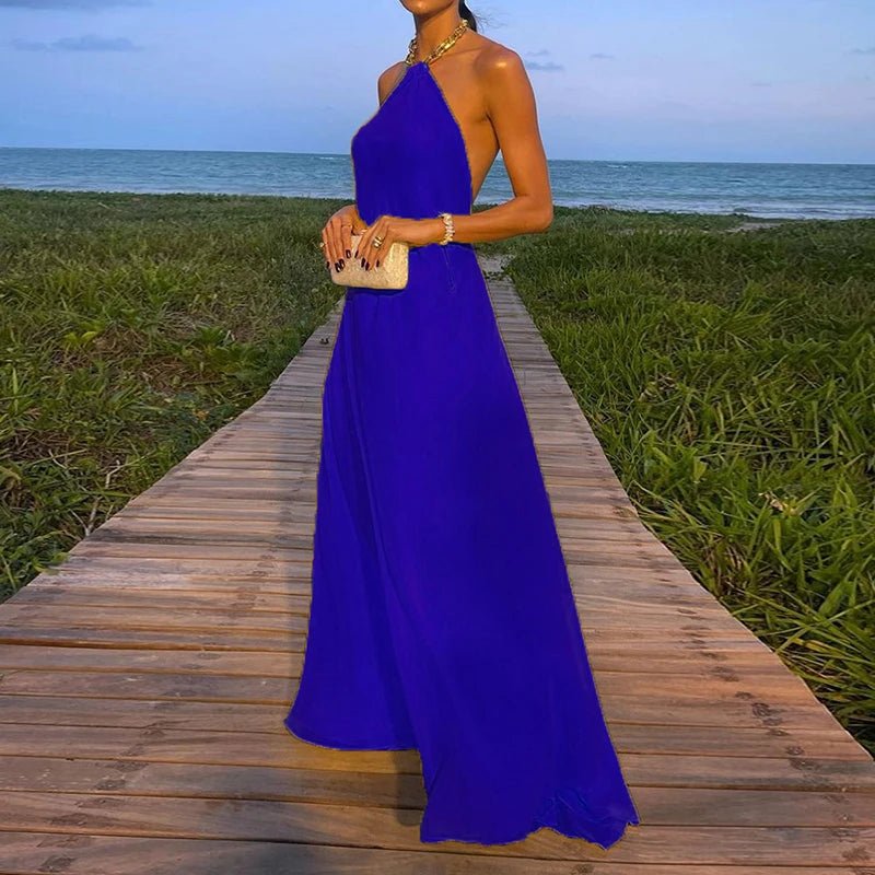 2025 Halter Beach Style Women Summer Maxi Dress Solid Chain Loungewear Backless Fashion Ladies Party Dress Sleeveless Streetwear - SN Wigs & More