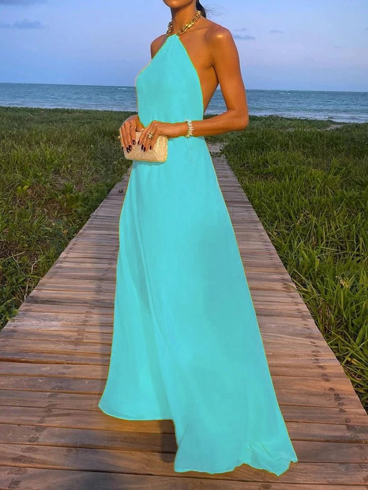 2025 Halter Beach Style Women Summer Maxi Dress Solid Chain Loungewear Backless Fashion Ladies Party Dress Sleeveless Streetwear - SN Wigs & More