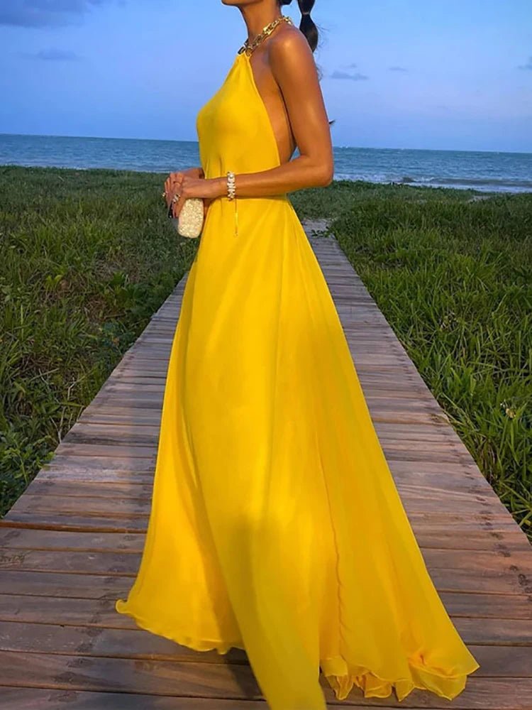 2025 Halter Beach Style Women Summer Maxi Dress Solid Chain Loungewear Backless Fashion Ladies Party Dress Sleeveless Streetwear - SN Wigs & More