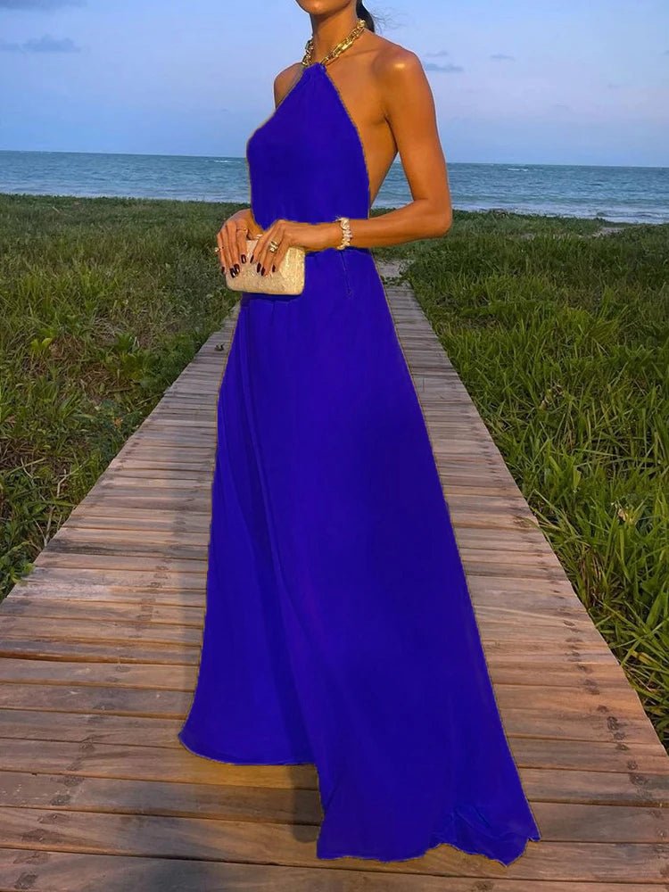 2025 Halter Beach Style Women Summer Maxi Dress Solid Chain Loungewear Backless Fashion Ladies Party Dress Sleeveless Streetwear - SN Wigs & More