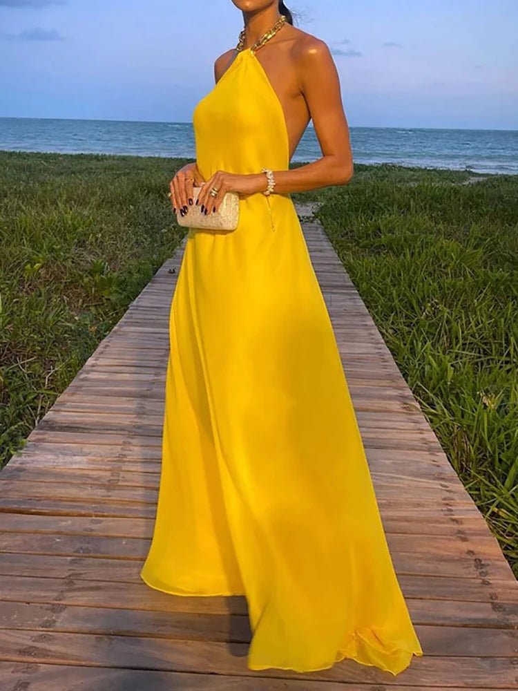 2025 Halter Beach Style Women Summer Maxi Dress Solid Chain Loungewear Backless Fashion Ladies Party Dress Sleeveless Streetwear - SN Wigs & More