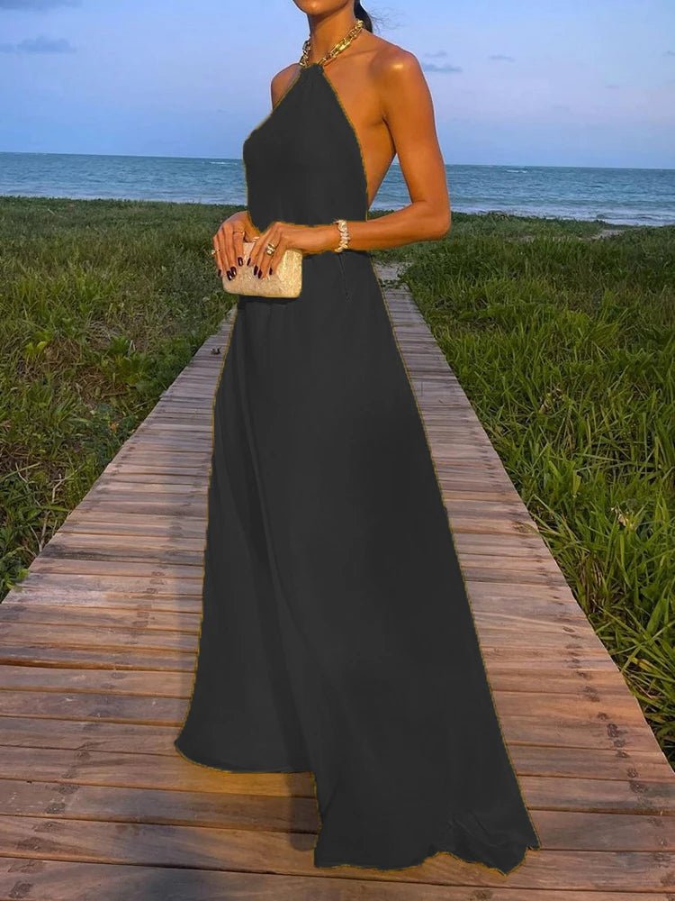 2025 Halter Beach Style Women Summer Maxi Dress Solid Chain Loungewear Backless Fashion Ladies Party Dress Sleeveless Streetwear - SN Wigs & More