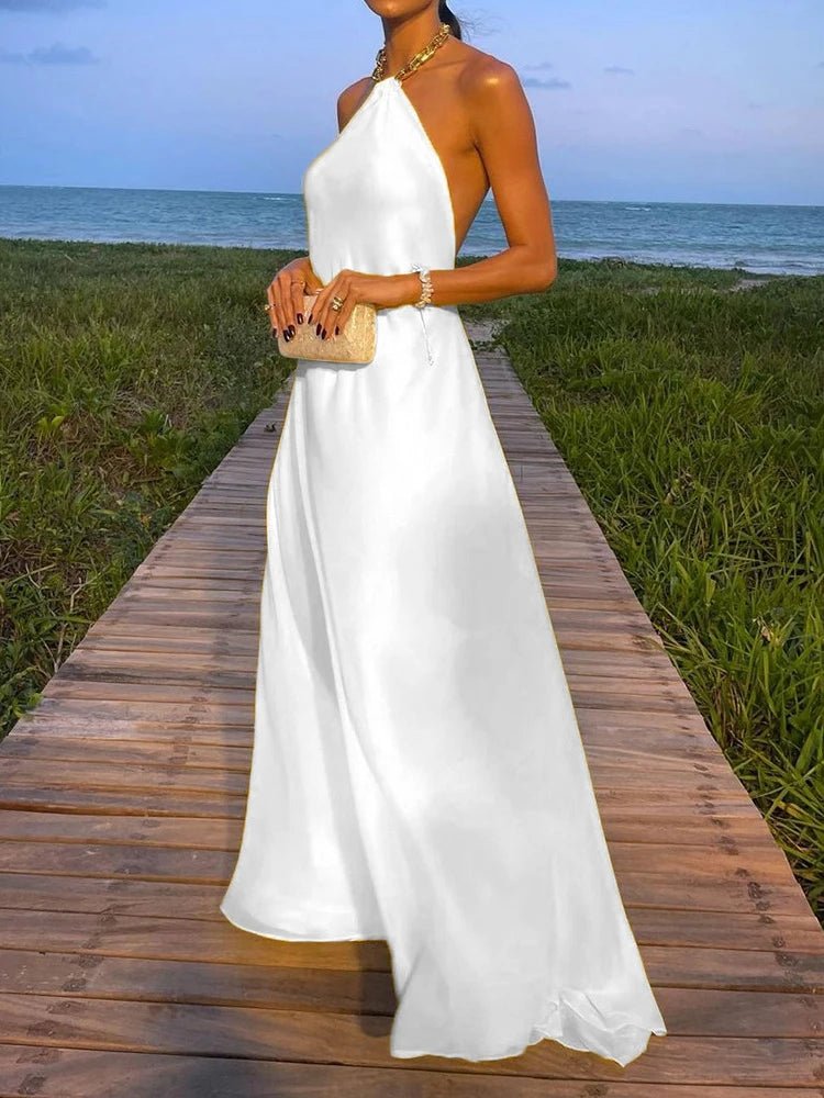 2025 Halter Beach Style Women Summer Maxi Dress Solid Chain Loungewear Backless Fashion Ladies Party Dress Sleeveless Streetwear - SN Wigs & More