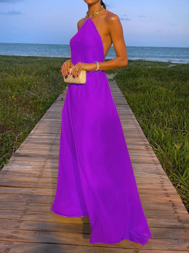 2025 Halter Beach Style Women Summer Maxi Dress Solid Chain Loungewear Backless Fashion Ladies Party Dress Sleeveless Streetwear - SN Wigs & More