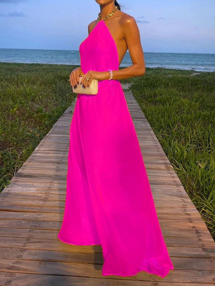 2025 Halter Beach Style Women Summer Maxi Dress Solid Chain Loungewear Backless Fashion Ladies Party Dress Sleeveless Streetwear - SN Wigs & More