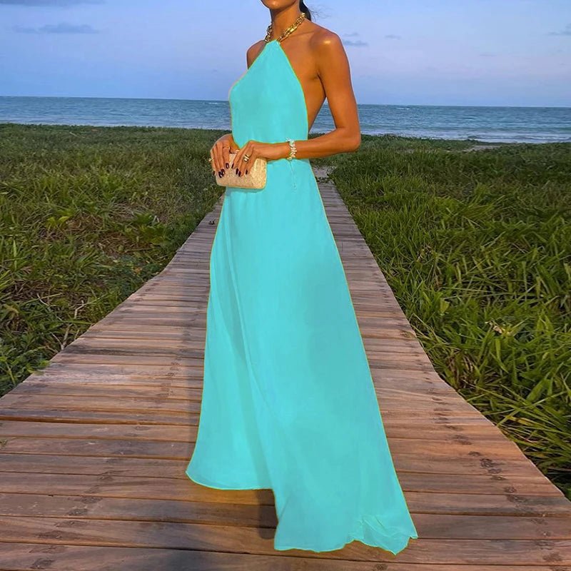2025 Halter Beach Style Women Summer Maxi Dress Solid Chain Loungewear Backless Fashion Ladies Party Dress Sleeveless Streetwear - SN Wigs & More